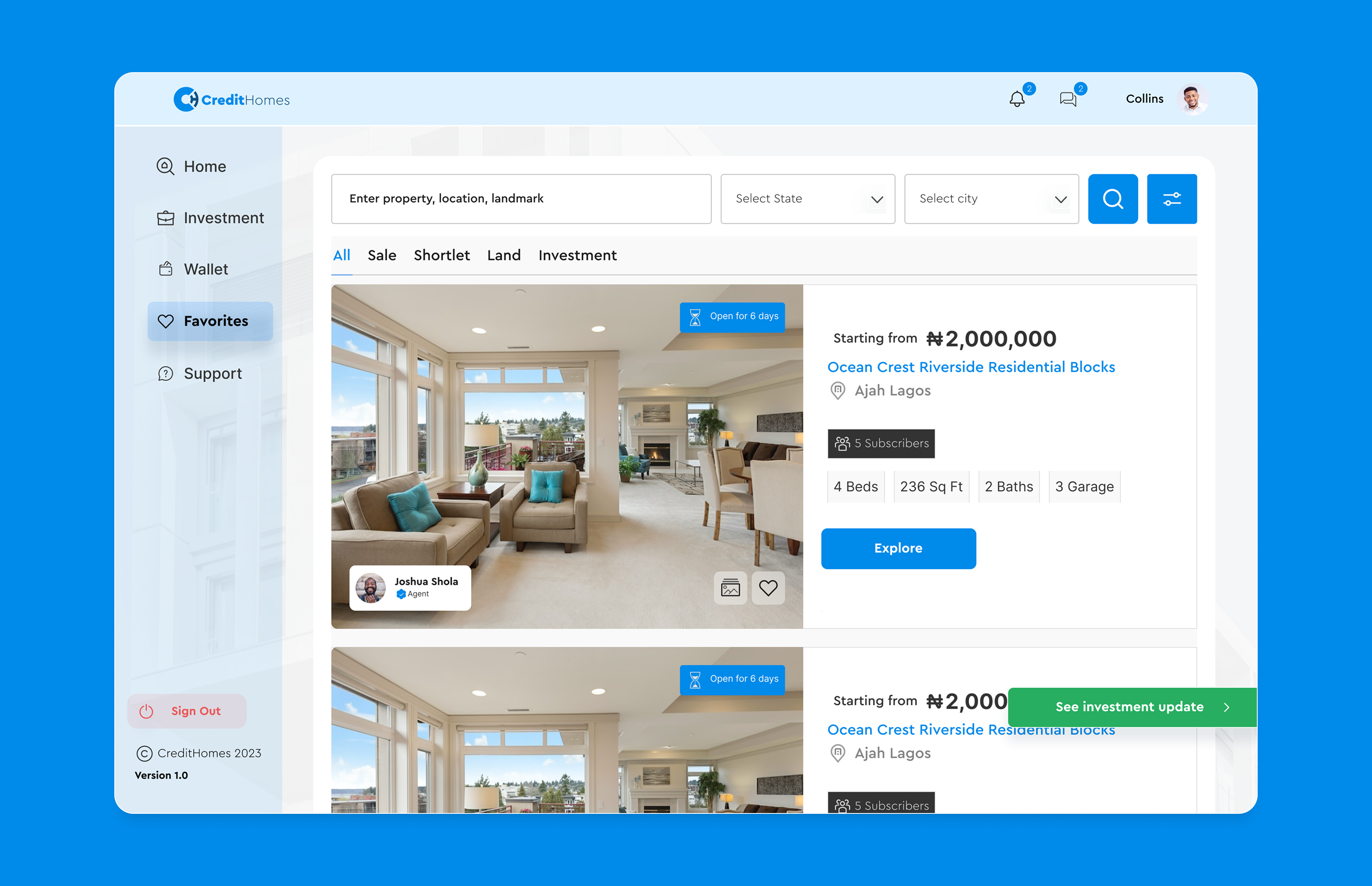 CreditHomes favorites screen