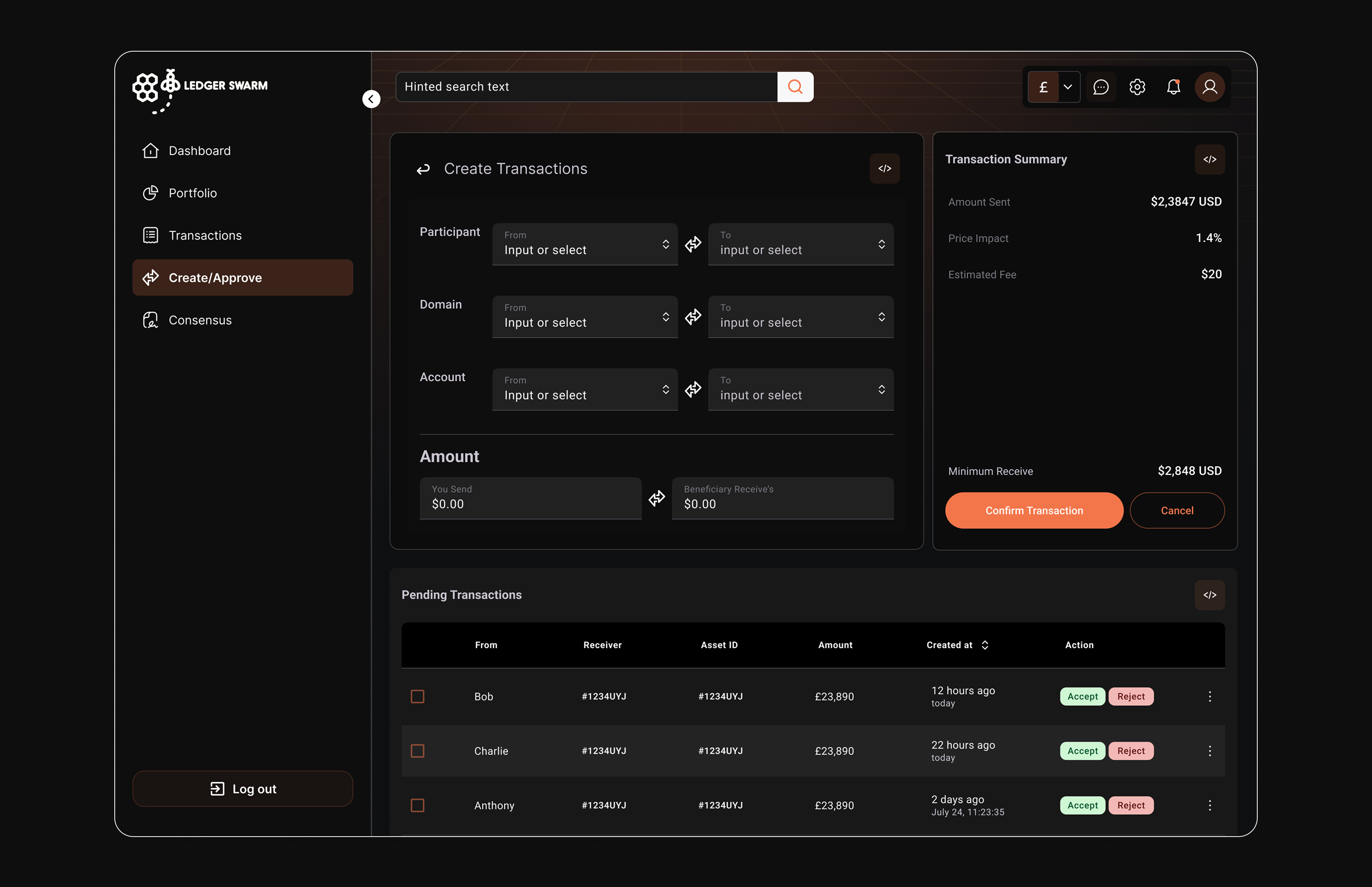 Ledger Swarm create/approve screen