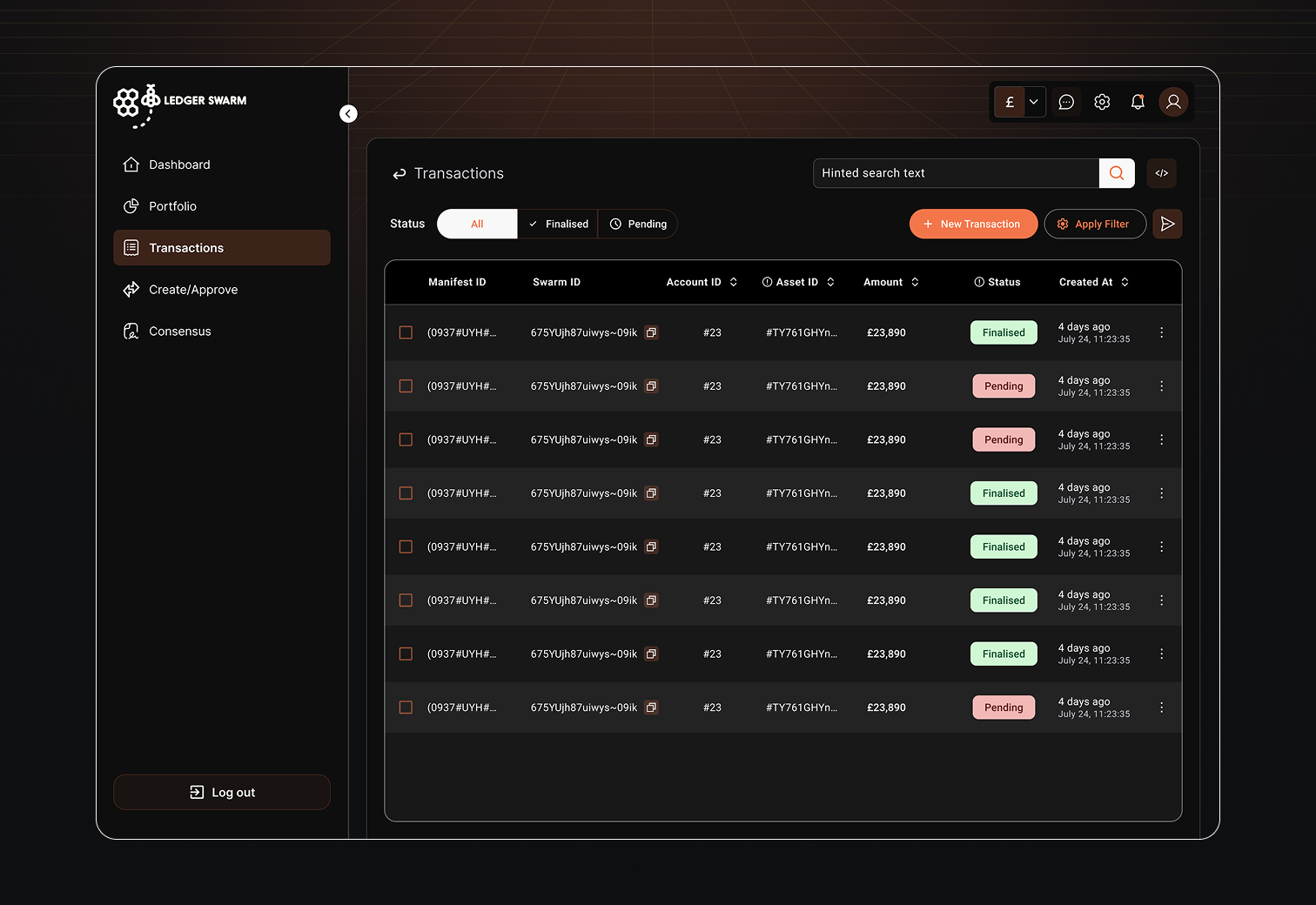 Ledger Swarm transactions screen