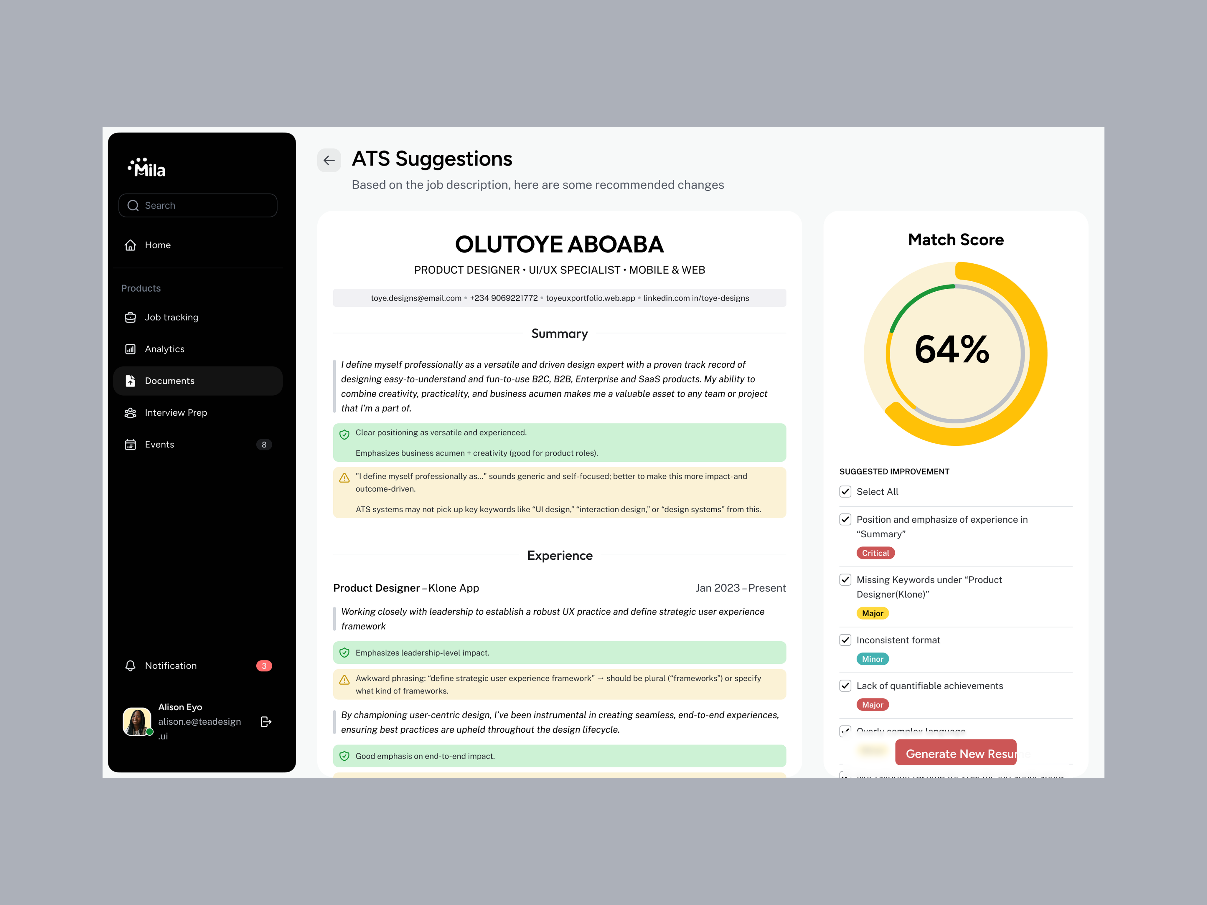 Mila documents screen
