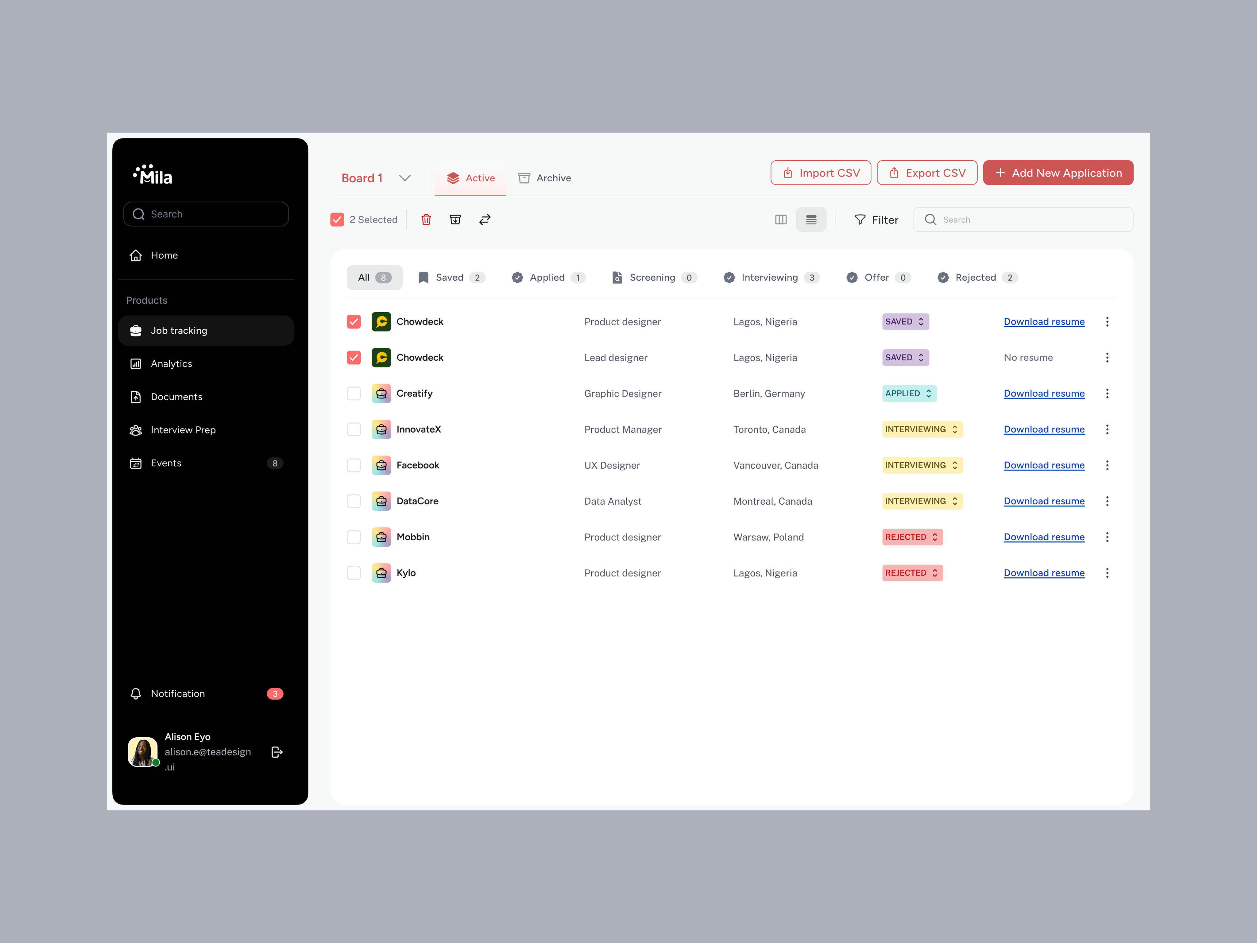 Mila job tracking screen